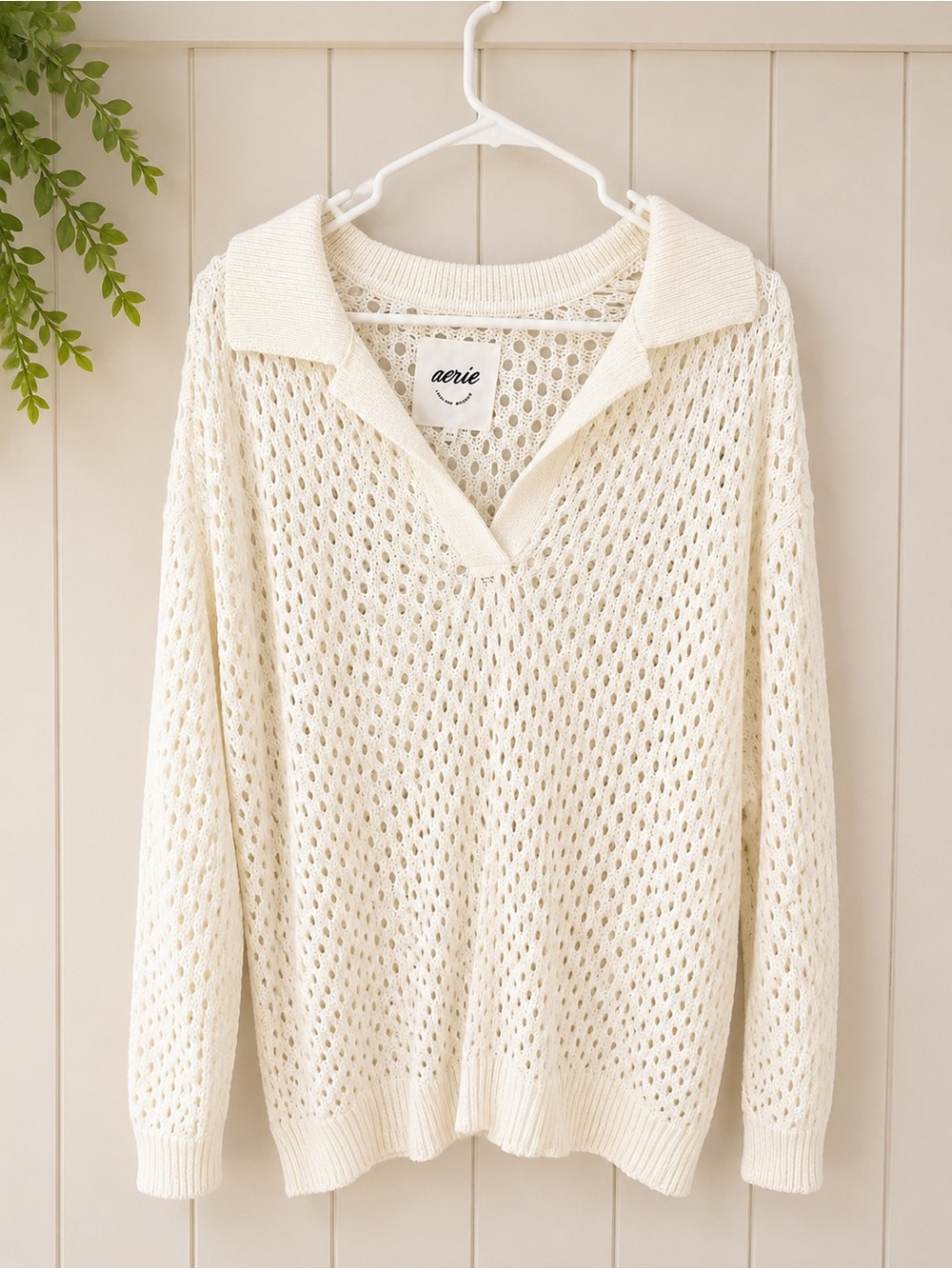 aerie Cream Open-Knit V‑Neck Polo Sweater